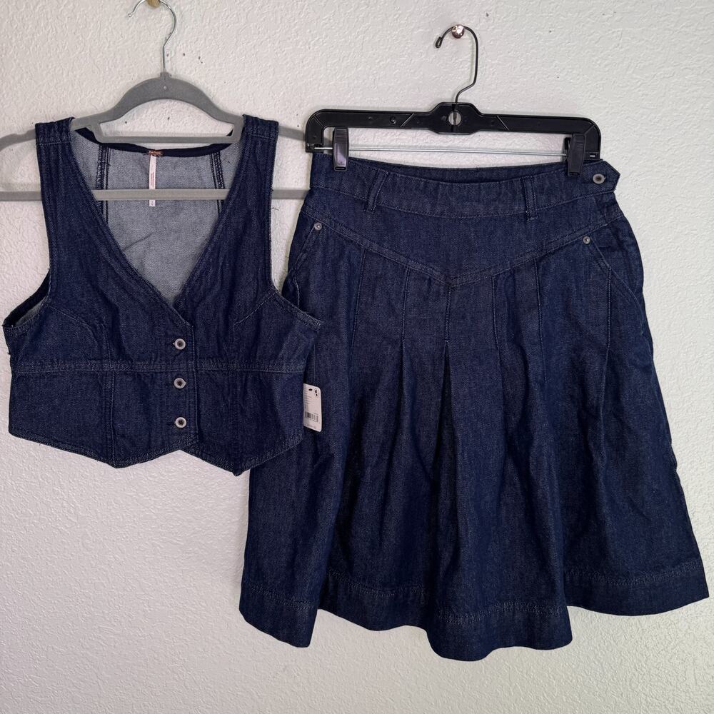 Free People Dark Blue Denim Skirt Set NWT - Picture 1 of 14